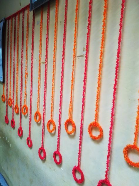 Navratri Wall Decoration Ideas, Back Drop Decorations For Pooja, Bay Decoration Themes Office Diwali, Flower Decoration For Pooja On Wall, Deewali Decoration Ideas, Rajasthani Decoration Ideas For Home, Office Diwali Decoration Ideas, Wall Decoration For Diwali, Navratri Decoration Ideas For Society