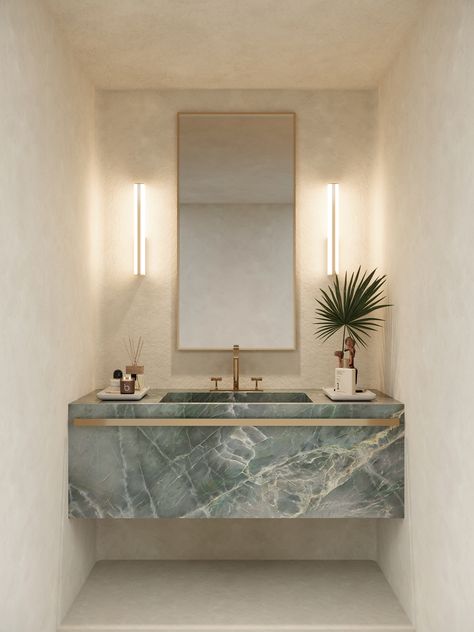 Green Blue Quartzite Bathroom Vanity Stone Vanity Bathroom, Stone Powder Room, Modern Powder Bath, Powder Room Vanity Ideas, Colorful Powder Room, Stone Bathroom Vanity, Quartzite Kitchen Countertops, Beautiful Powder Rooms, Luxury Bathroom Design