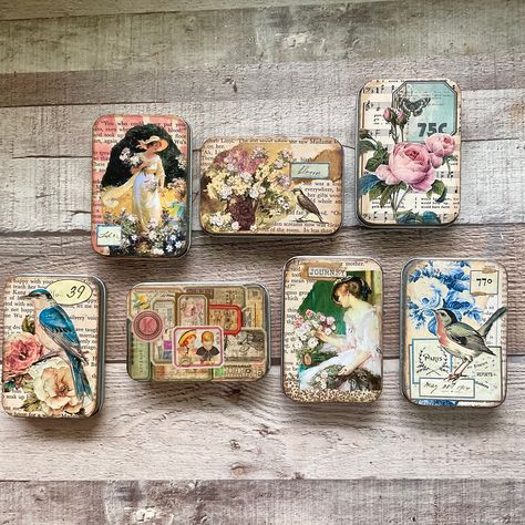 These small tins have been decorated in a vintage style. They measure 3.5 x 2.5 and are perfect to store paper clips, postage stamps, small labels and sticker. They look pretty sitting on the desk while journaling. You will be sent a random tin unless you specifically request one and it is still available. Altoid Tin Ideas Diy, Mint Tin Crafts, Vintage Tea Tins, Altoids Tin, Matchbox Crafts, Altered Tins, Mint Tins, Small Tins, Tin Art