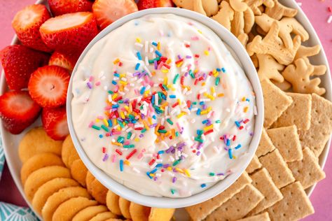 Easy Funfetti Dip Confetti Dip With Cream Cheese, Confetti Dip, Funfetti Dip, Brownie Batter Dip, Easy Dessert Dips, Chocolate Chip Dip, Dessert Dip Recipes, Cream Cheese Butter, Dip With Cream Cheese