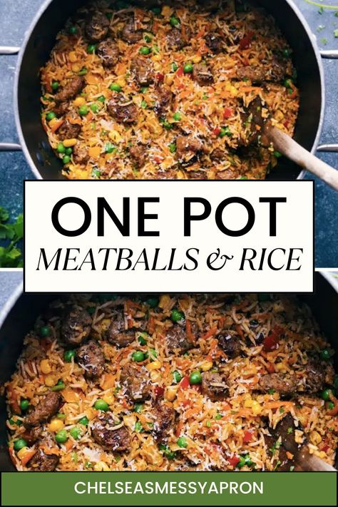 This one-pot Meatballs and Rice is downright delicious! Perfectly tender mini meatballs with fluffy rice, loads of veggies, and a spectacular spice blend. Sure to be a hit with kids and adults alike! #dinner #best #quick #easy #simple #familyfriendly #kidfriendly #onepot #meatballs #rice Quick And Easy Dinner Recipes Meatballs, Meatball Rice Casserole, Meatball And Rice Dinner Ideas, Rice With Meatballs, Meatballs Rice Recipe, Italian Meatballs And Rice, Rice And Meatballs Recipes, Rice Meatballs Recipes, Meatballs With Rice Inside