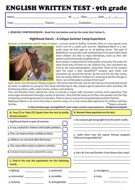 Picture Description Worksheets Grade 1, Esl Reading Comprehension, Reading Comprehension Test, Esl Reading, Writing Test, Reading Comprehension Lessons, English Exercises, Reading Test, English Test