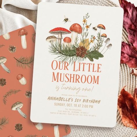 $2.2 | Little Mushroom Fall Autumn 1st Birthday - mushroom, fall, autumn, pine cone, pine leaf, bee, whimsical, fungi, gender-neutral, 1st birthday November Baby, Kids Birthday Invitation, Fall Baby Shower Invites, Little Mushroom, Gender Neutral Baby Shower Invitations, Simple Birthday, 1st Birthday Invitation, Baby Shower Fall, 1st Birthday Invitations