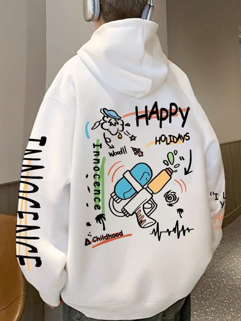 Loose Fit Men's Cartoon & Letter Printed Drop Shoulder Hoodie With Drawstring White Casual  Long Sleeve Fabric Cartoon,Letter  Slight Stretch  Men Clothing, size features are:Bust: ,Length: ,Sleeve Length: Hoddies Outfits Mens, Oversized Hoodie Outfit, Positive Clothes, Drop Shoulder Hoodie, Streetwear Hoodie, Men Hoodies, Dope Outfits For Guys, Letter Print Hoodie, Cartoon Letters