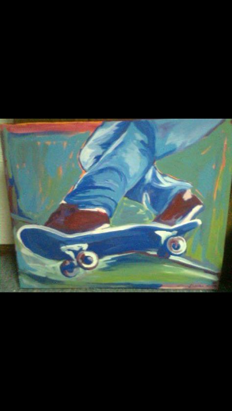 Acrylic painting. Skateboard. 16x20 canvas. By Cheryl Lackie Skateboarding Painting Canvas, Skateboard Canvas Painting, Skater Painting Ideas On Canvas, Skateboard Painting Ideas Canvas, Paintings For Guys Room, Canvas Painting Ideas For Guys, Skate Painting, Skateboard Painting, Trippy Paintings