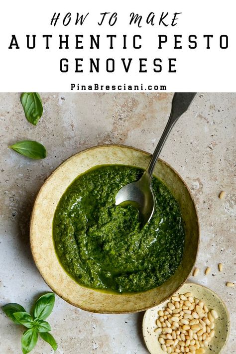 Authentic Pesto Genovese in a bowl. Authentic Italian Pesto Recipe, Europe Recipes, Genovese Basil, Homemade Pesto Recipe, English Corner, Paleo Sauces, Scrumptious Food, Pecorino Romano, Veg Food