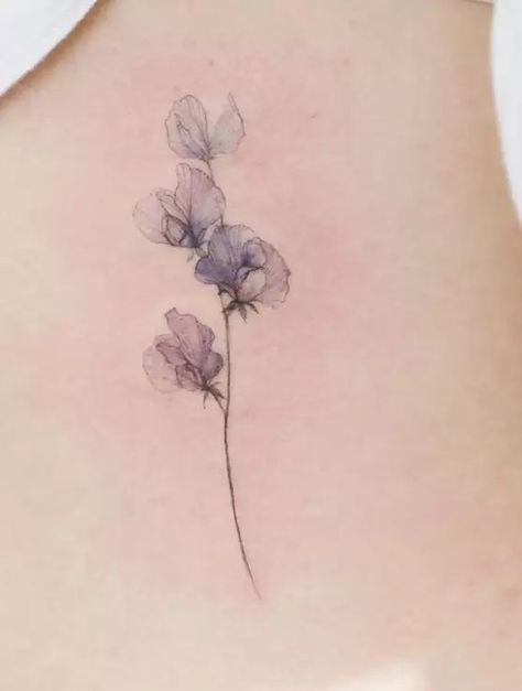 Translucent Flower Tattoo, Sweet Pea Tattoo Watercolor, Delicate Larkspur Tattoo, Small Watercolour Tattoos, Watercolor Violets Tattoo, Sweet Violet Tattoo, Tattoo Watercolor Flower, Violet Tattoo Watercolor, Dainty Sweet Pea Tattoo