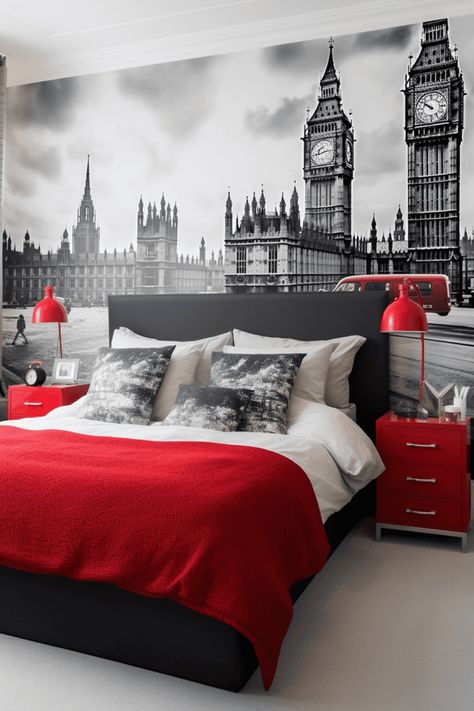 Millions of tourists flock to London every year, but have you ever considered bringing a bit Great Britain into your home? With so many wall stickers, bedding designs, and accessories available online, it’s never been easier to customize your home décor with oh-so-British pomp & circumstance. Sure,… London Inspired Bedroom, Textured Brick Wallpaper, London Phone Booth, London Bedroom, British Decor, Stylish Bedroom Decor, London Theme, Creative Bedroom, Bedroom Decor Inspiration