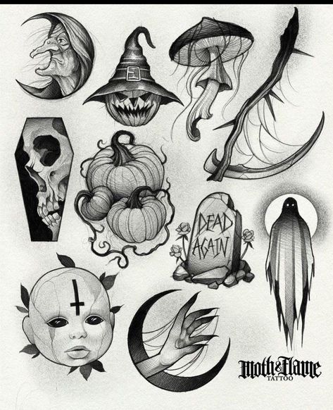 Halloween Tattoo Flash, Flash Tats, Friday The 13th Tattoo, Halloween Flash, Pumpkin Tattoo, Occult Tattoo, James Smith, Flash Tattoo Designs, Tattoo Flash Sheet