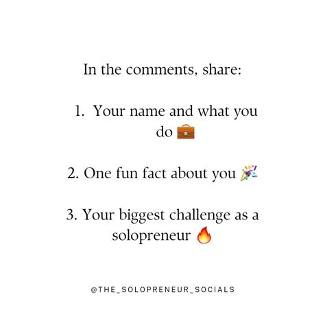 Hey Solopreneurs! 👋 Let's build a supportive community by getting to know each other better! 👋✨ In the comments, share: Your name and what you do 💼 One fun fact about you 🎉 Your biggest challenge as a solopreneur 🔥 Then, reply to someone else’s comment and start a conversation! 💬 Let’s support each other and grow together! 🌱✨ #Solopreneurs #CommunityBuilding #EntrepreneurLife #SupportEachOther #GetToKnowMe #EngagementBoost" Faceless Marketing, Fun Facts About Yourself, Support Each Other, Grow Together, Community Building, Get To Know Me, Fun Fact, Getting To Know, Your Name