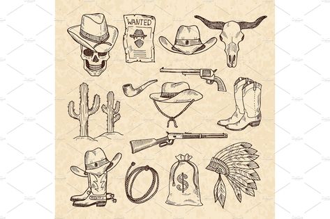 Western symbols. Cowboy, guns, saloon and other wild west pictures set. Vector hand drawn pictures #west#wild#pictures#Vector Saloon Drawing, Western Symbols, Symbole Tattoo, Outlaw Tattoo, Cowgirl Tattoos, Western Saloon, Cowboy Tattoos, Country Tattoos, Western Tattoos