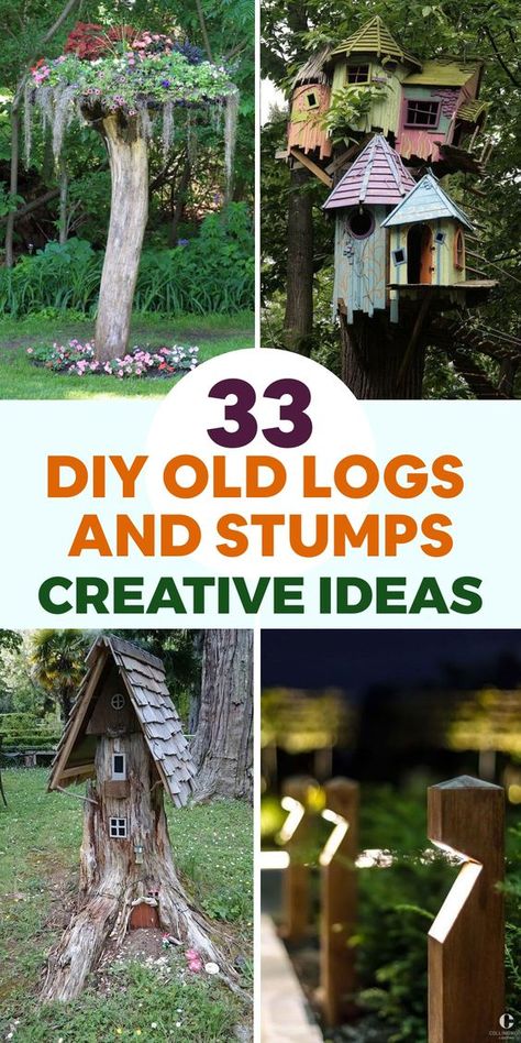 Enhance your garden with a rustic feel through creative DIY projects using surplus logs and stumps. Utilize an old log as a one-of-a-kind plant stand by excavating the center, filling it with soil, and planting your favorite flora. Craft an enchanting fairy garden by arranging minor stumps and logs, enhancing them with mini embellishments and plants. Repurpose a sizable stump into an imaginative mushroom sculpture by painting its top red adorned with white polka dots. Fairy Houses Out Of Tree Stumps, Wood Log Diy Ideas, Old Stumps Tree Trunks, Hollow Stump Ideas, Large Dot Painting, Diy Large Garden Sculpture Ideas, Creative Tree Stump Ideas, Hollow Tree Trunk Ideas, Log Lamps Tree Stumps