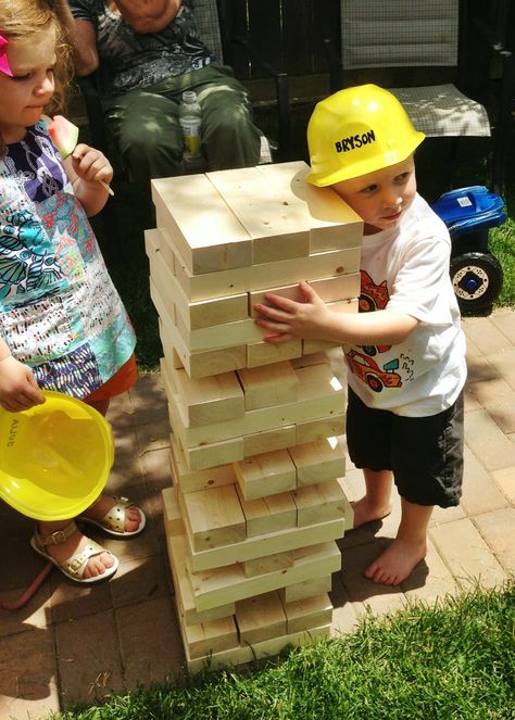 DIY Life Size Jenga Game | all dressed up with nothing to drink... Digger Birthday, Birthday Games For Adults, Construction Theme Birthday Party, Diy Construction, Construction Theme Party, Giant Jenga, 50th Birthday Party Decorations, Construction Birthday Party, Construction Diy