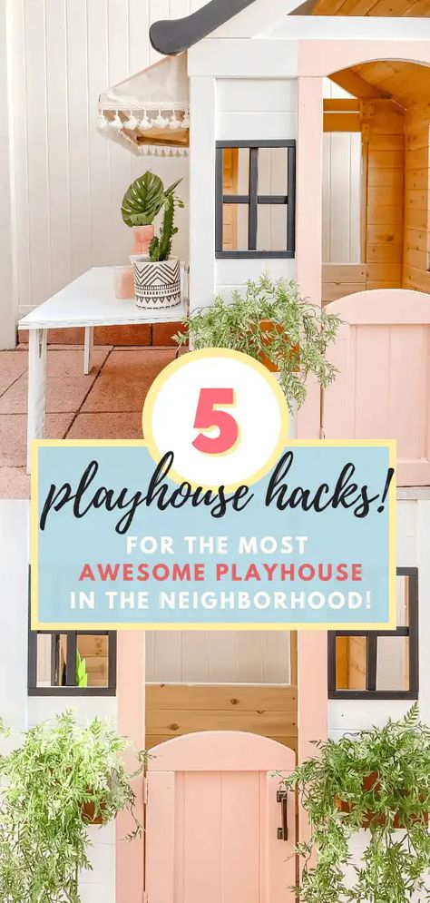 5 Easy Upgrades to Create an Awesome Playhouse! •Playhouse Makeover + Hacks• - Tiffanie Anne Blog Cafe Playhouse, Wood Playhouse Makeover, Makeover Playhouse, Kids Table Diy, Painted Playhouse, Playhouse Windows, Inside Playhouse, Kids Wooden Playhouse, Playhouse Decor