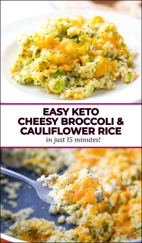 This super easy cheesy broccoli cauliflower rice is a delicious keto side dish that you can make in 15 minutes. It's low carb comfort food with a healthy twist - you use riced broccoli and cauliflower and no rice. Each serving has only 4.6g net carbs per serving and will go with any main dish. Riced Broccoli Recipes Keto, Broccoli Cheese Cauliflower Rice, Recipes With Riced Broccoli, Cauliflower Rice Broccoli Casserole, Cauliflower Rice Broccoli Cheese, Cauliflower Rice With Broccoli, Pesto Cauliflower Rice, Calfower Rice Recipes, Keto Broccoli Rice Casserole