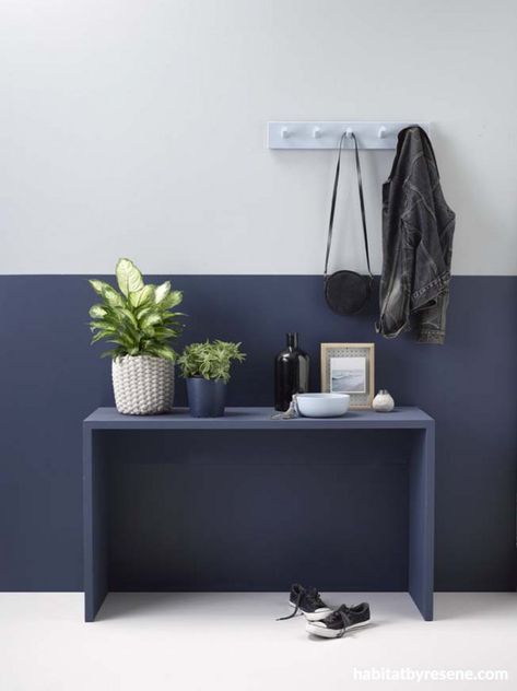 Biscay Hf Dusted Blue hallway Home Entry Ideas, Blue Hallway, Half Painted Walls, Home Entry, Entry Ideas, Leftover Paint, Spare Room, Hallway Decorating, Blue Walls