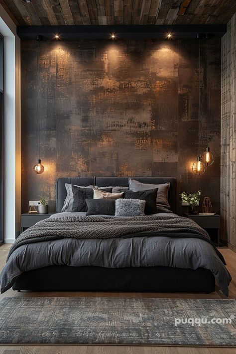 Dark And Moody Bedrooms, Men Bedroom Color Ideas, Iron Ore Bedroom, Industrial Interior Design Bedroom, Chocolate Brown Bedrooms, Dark Modern Bedroom, Chocolate Bedroom, Male Bedroom Ideas, Bedroom Dark