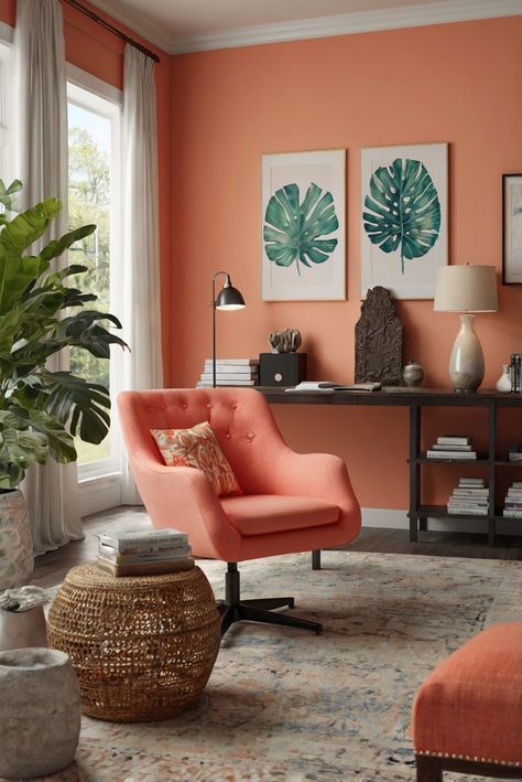 Embark on a daily interior designer routine with the best wall paint color for tropical vibes: Coral Island (SW 6332)! Dive into island-inspired decor for 2024. #Ad #homedecor #homedesign #trendgirlApartment #Painthome #interiorarchitecture Wall Colors Green Room Colors
Bright Room office Colors
Apartment Renovation
Home office Remodeling
Modern Paint Colors
2024 Bright Colour Room Ideas, Coral Wall Paint Living Room, Coral Living Room Walls, Coral Wall Color, Coral Wall Paint, Bright Wall Colors, Coral Accent Walls, Coral Living Room, Coral Office