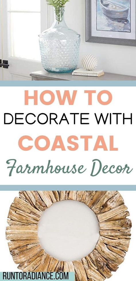 If you love the shabby chic elements of popular farmhouse decor and are fond of coastal design, then you’ll be a fan of coastal farmhouse decor. This blend of styles is traditional and trendy. Bringing these two together can really make a home feel inviting – and relaxing at the same time! #runtoradiance #interiordesign #coastal #farmhouse #design Coastal Above Bed Decor, Coastal Farmhouse Bedding, Modern Coastal Mantle Decor, Coastal Farmhouse Decor Ideas, Coastal Southern Decor, Coastal Indoor Plants, Coastal Farmhouse Decor Bedroom, Coastal Farmhouse Decor Living Room, Nautical Bed