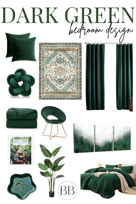 White Dark Green Bedroom, Dark Green Comforter Bedroom Decor, Forest Green Home Aesthetic, Green And Gold Wallpaper Bedroom, Bedroom Inspirations Forest Green, Gold Green Room Aesthetic, Bedroom With Forest Green Bedding, Emerald Green Primary Bedroom, Emerald Green Room Ideas Bedroom Aesthetic