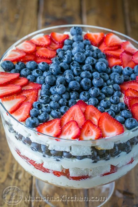 No-Bake Berry Trifle, Strawberry Blueberry Trifle, 4th of July Blueberry Trifle Recipe, Blueberry Trifle, 4th July Food, Patriotic Cake, Berry Trifle, Patriotic Desserts, Patriotic Food, 4th Of July Cake, Trifle Desserts