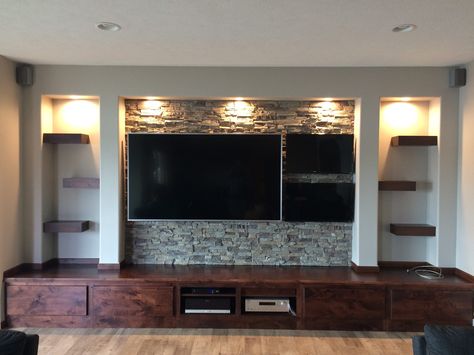 Man Cave With Bar, Man Cave Tv Wall, Basement Entertainment Center, Basement Redesign, Tv Wall Ideas, Rustic Man Cave, Entertainment Center Design, Faux Panels, Entertainment Center Repurpose