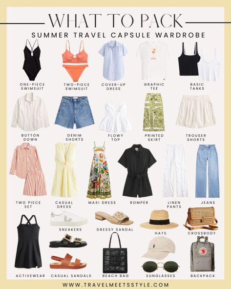 Sunkissed style: How to create the ultimate summer travel capsule wardrobe 2024 - Travel Meets Style Family Vacation Capsule Wardrobe, Active Travel Capsule Wardrobe, Thai Travel Outfit, Tropical Travel Capsule Wardrobe, Capsule Wardrobe Italy Summer 2024, Tropical Holiday Capsule Wardrobe, Capsule Europe Summer, Capsule Wardrobe Cruise Ship, Travel Capsule Wardrobe Southeast Asia