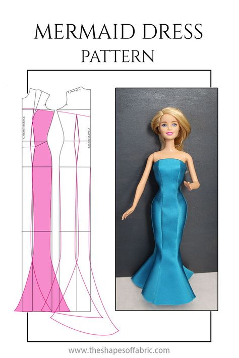 This is how you draft the mermaid dress pattern. Works for Barbies and humans alike! Check out other dresses at the link. #diybarbiedresses How To Make A Mermaid Dress, Mermaid Dress Pattern Drafting, Drafting Dress Patterns, Barbie Doll Dress Patterns, Diy Barbie Clothes Patterns, Panel Dress Pattern, Mermaid Dress Pattern, Basic Dress Pattern, Formal Dress Patterns