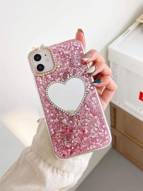 Pink Glitter Phone Case, Plain Phone Cases, Phone Bling, Glitter Phone Case, Luxury Iphone Cases, Heart Mirror, Pink Phone, Kawaii Phone Case, Glitter Phone Cases