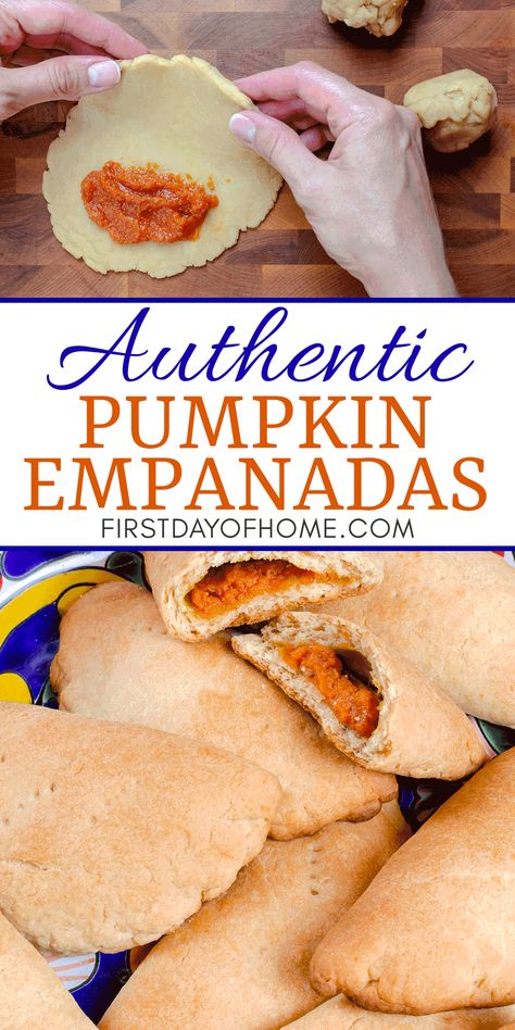 Learn how to make the most authentic pumpkin dessert empanadas! This traditional Mexican dessert is packed with flavors of cinnamon, anise and brown sugar (piloncillo) spices. The recipe originates from a Mexican bakery and has been modified over decades by a Mexican-American family. Empanadas Pumpkin Recipe, Authentic Pumpkin Empanadas, Mexican Sweet Empanadas Recipe, Empanadas Dough Mexican, How To Make Empanadas Desserts, Mexican Pastries Pan Dulce, Homemade Pumpkin Empanadas, How To Make Pumpkin Empanadas, Authentic Mexican Empanadas Recipe