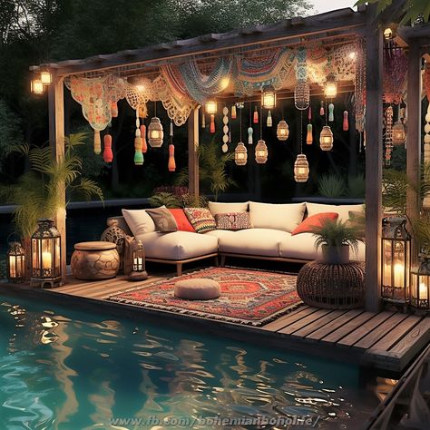 Boho Gazebo Decor, Home Yoga Room Ideas Bohemian, Beach Themed Backyard Ideas, Bohemian Porch Ideas, Bohemian Pergola, Sunroom Decorating Ideas Bohemian, Boho Gazebo, Backyard Yoga Space, Outdoor Yoga Space