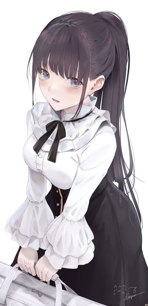 Anime Ponytail, Black Bowtie, Bangs Ponytail, Ponytail Girl, Black Ponytail Hairstyles, Anime Black Hair, Girls With Black Hair, Violet Eyes, Long Black Hair