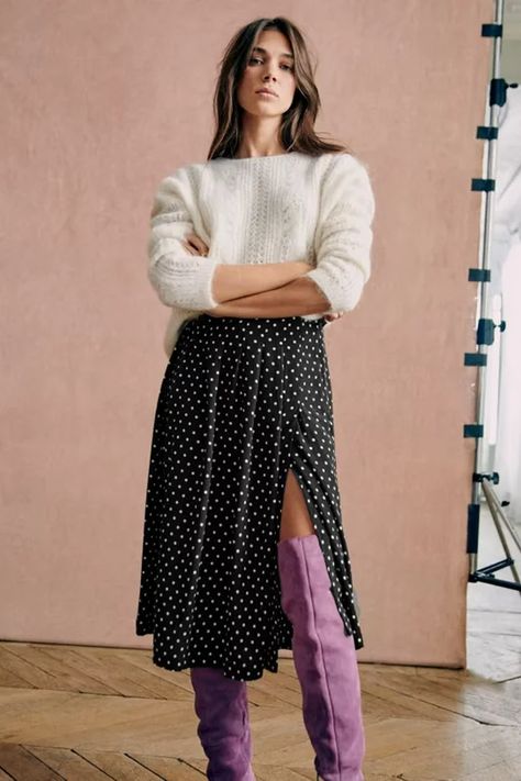 The Round Up: Polka Dots | SheerLuxe Polka Dot Skirt Outfit, Dot Skirt Outfit, Socks Ideas, Polka Dot Midi Skirt, French Girl Style, Closet Goals, December 2022, Polka Dot Skirt, Casual Weekend