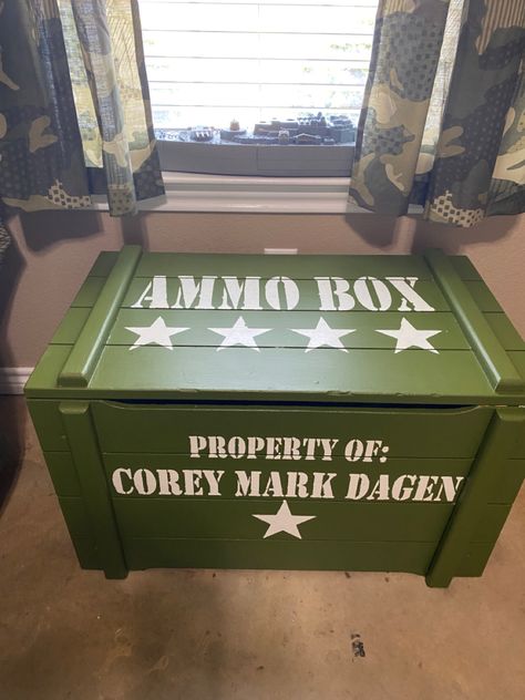 Ammo box for camo room Army Box Ideas, Kids Army Bedroom, Camo Boys Room, Call Of Duty Bedroom Ideas, Army Themed Bedroom, Call Of Duty Room Ideas, Camo Room Ideas For Boys, Camo Bedroom Ideas For Boys, Boys Military Bedroom