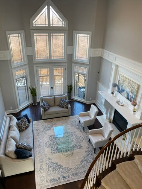 High Ceiling Decorating Entryway, High Ceiling Library, Living Room 2 Story Ceiling, Upstairs Looking Down Into Living Room, Y’all Ceiling Living Room, Bloxburg High Ceiling Living Room, Giant Living Room Ideas, High Roof Living Room, Tall Windows Living Room High Ceilings