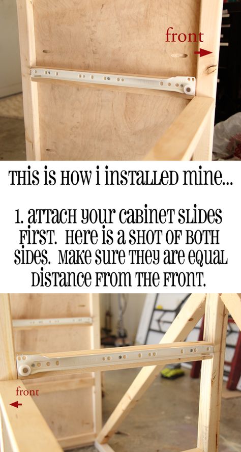 how to install drawer slides Install Drawer Slides, Installing Drawer Slides, Build Drawers, Pallet Dresser, Building Drawers, Cabinet Dresser, Dresser Furniture, Drawer Glides, Pottery Barn Inspired