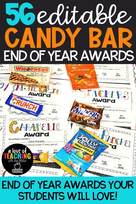 Finish the school year with a SWEET awards ceremony! Your students will love being recognized for their accomplishments with these Candy Bar Awards and Certificates. Perfect for students in elementary school, middle school and high school. Kids of all ages loved being recognized. These awards are a great way to let students know that you've seen all their hard work. Includes 56 EDITABLE awards. #EndofYear #StudentAwards #Certificates #SchoolParty #Graduation Candy Awards For Students Free, Candy Awards For Sports, Candy Bar Awards For Adults, Candy Awards For Students, Class Awards Ideas, Candy Bar Awards For Students, Kindergarten Awards, Candy Awards, Candy Bar Awards