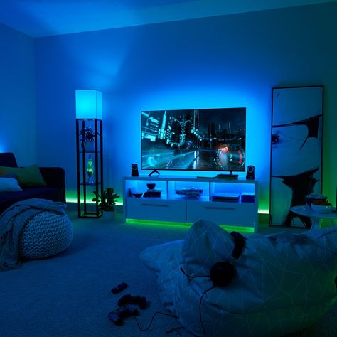 Room Strip Lights, Living Gaming Room, Tv Stand Lighting Ideas, Led Lights Movie Room, Apartment Led Lighting Ideas, Cool Room Ideas For Guys Led Lights, Tv Room Lighting Ideas, Led Light Strip Ideas Living Rooms, Led Lights Around Tv