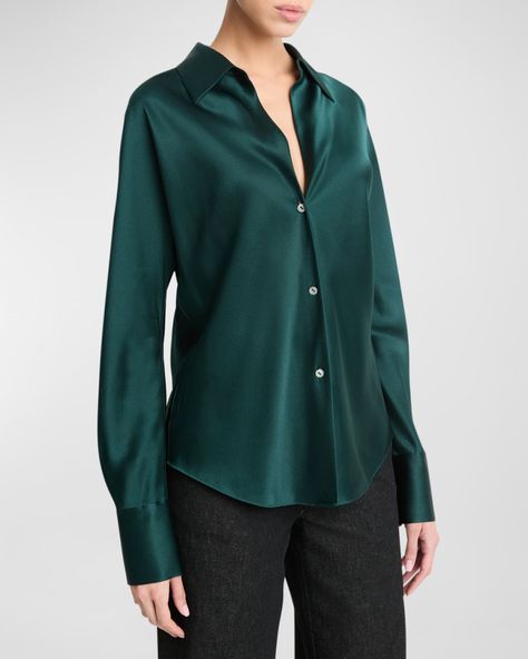 Vince biascut blouse rendered from silk charmeuse     Spread collar; button front    Long bishop sleeves    Barrel button cuffs    Curved hem    Draped fit    Silk    Dry clean    Imported Aqua Mineral, Silk Long Sleeve Blouse, Silk Button Up, Versace Outfit, Silk Charmeuse, Green Silk, Tee Dress, Fall 2024, Silk Shirt