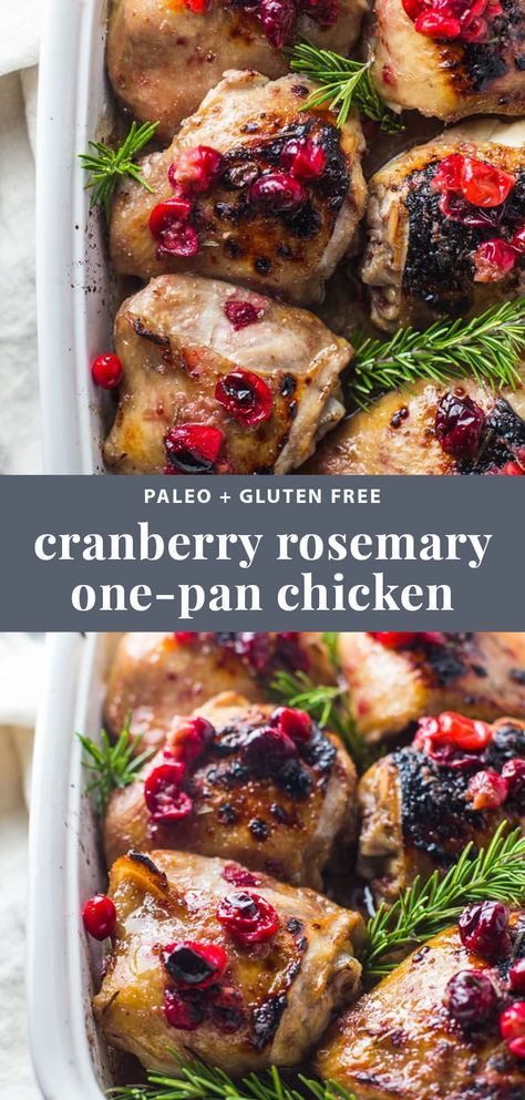 This cranberry rosemary one-pan chicken is an easy, healthy dinner you're going to obsess over during the Christmas and holiday season. Paleo? Oh yes. White wine sauce? Oh mommy. One pan? Ding ding ding! #christmas #chicken Cranberry Rosemary Chicken, Pan Chicken Recipes, Christmas Chicken, Keto Lasagna, Healthy Holiday Recipes, One Pan Chicken, White Wine Sauce, Rosemary Chicken, Christmas Food Dinner