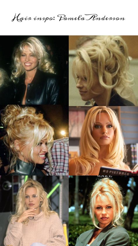 #hair #pamelaanderson Pam Anderson Inspired Updo, Pamela Anderson Bangs 90s, Pamela Anderson Wedding Hair, 80s Glam Hair, 90s Pamela Anderson Hair, 80s Hair Ponytail, Sweet Home Alabama Hair, Famous Blonde Characters, Pam Updo