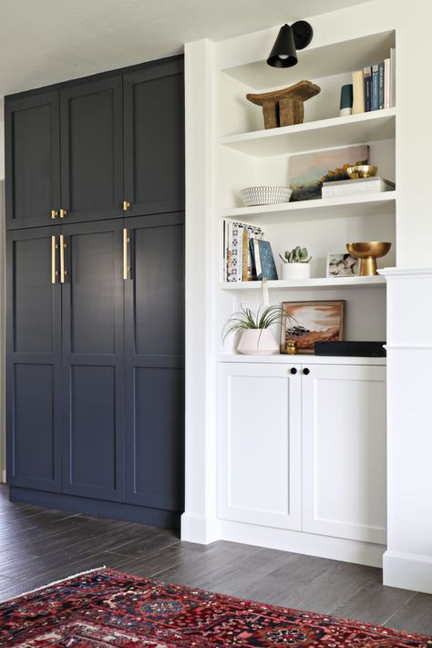 And just because PAX was designed as a wardrobe, doesn't make it inappropriate for the kitchen. Brittany Makes shared her new kitchen pantry, outfitted with charcoal grey doors and brass pulls, which looks right at home next to another set of built-ins Armoire Pax, Built In Pantry, Ikea Pax Wardrobe, Ikea Kitchen Cabinets, Pax Wardrobe, Best Ikea, Blue Cabinets, Ikea Storage, Ikea Pax