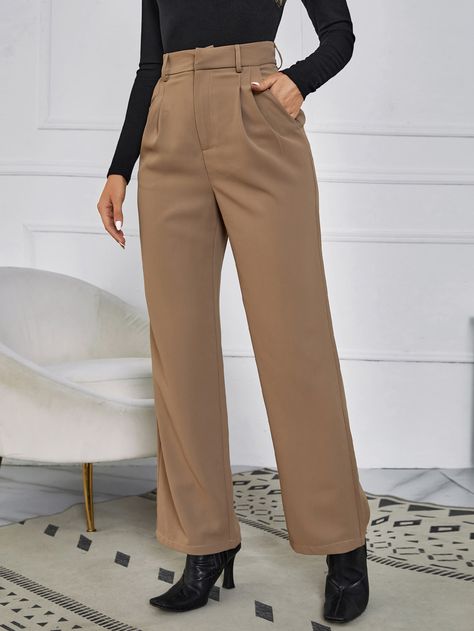 Light Brown Formal Pants Outfit, Office Pants Women Work Attire, Brown Suit Pants Women, Light Brown Pants Outfit For Work, Coffee Brown Pants Outfit, Brown Tailored Pants Outfit, Light Brown Trousers Outfit Women, Brown Formal Pants Outfit, Formal Trouser Outfits For Women