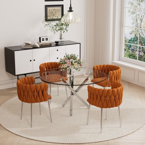 PRICES MAY VARY. [Mid Century Dinner Table Set with Non-slip Mads] This modern minimalist clear dinette set includes 1 table and 4 chairs, and it is charming and suitable for all home styles. Plus, we always insist on high quality products. The plated metal frame matches the non-slip feet we use, which are durable and sturdy, so it must be an ideal furniture choice. [Premium & Durable Woven Chairs] This modern dining chair is made of premium boucle fabric with no complicated design, but it is pe Glass Table Chairs, Circle Dining Room Table, Circle Dining Room, Circular Kitchen Table, Circular Kitchen, Modern Dinner Table, Boho Dining Room Decor, Woven Chairs, Round Glass Dining Table