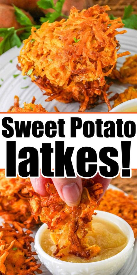 Fried sweet potato latkes are a wonderful side dish for Hannukah or any time of year. With shredded sweet potatoes they're crispy and delish. Potato Latkes Easy, Latkes Recipe Easy, Sweet Potato Appetizers, Fried Sweet Potato, Sweet Potato Latkes, Potato Latke Recipe, Sweet Potato Patties, Sweet Potato Side Dish, Sweet Potato Sides