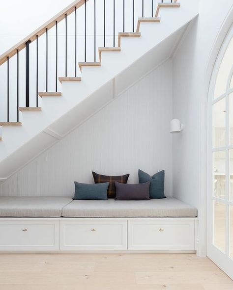 Nicole Rosenberg on Instagram: "We loved seeing our idea 💡 come to life for this wasted space under the stairs where we created a storage system so that the kids could house their shoes in the drawers - a place for everything and everything in its place! 📸 @elisescott.studio Builder @onestoprenovate" Under Stairs Lounge Ideas, Under Stairs Bench Storage, Cubby Under The Stairs, Under Stairs Storage Bench, Under Stair Bench, Under Stairs Shoe Storage Ideas, Under Stair Shoe Storage, Mudroom Under Stairs, Under Stairs Mudroom