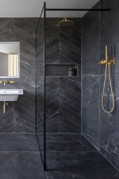 Contemporary Cheltenham Home | Mandarin Stone Black Porcelain Tiles, Black Tile Bathrooms, Mandarin Stone, Dark Bathrooms, Stone Bathroom, Bad Inspiration, Black Porcelain, Bathroom Trends, Big Bathrooms