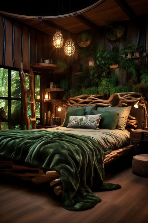 Medium-sized Dark Boho Bedroom with a Forest Green & Oak Color Scheme, featuring Tree Murals, Wooden Furniture, and Forest Art, creating a magical and organic atmosphere. Forest Aesthetic Bedroom, Forest Bedroom Ideas, Forest Green Bedrooms, Dark Boho Bedroom, Forest Bedroom, Jungle Bedroom, Dark Boho, Boho Bedroom Design, Oak Bedroom Furniture