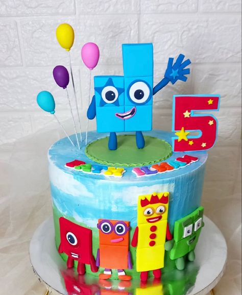 Numberblock 5 Birthday Cake, Number Block 5 Birthday Cake, Number 5 Birthday Cake Boys, Numberblock Birthday Theme, Number Block Birthday Cake, Number Block Cake Ideas, Number Themed Birthday Party, Numberblocks Party Ideas, Number Blocks Party Ideas