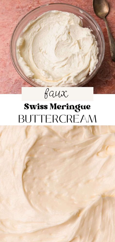 Faux Swiss meringue buttercream is silky smooth and sweet like traditional Swiss buttercream but is super easy to make. With pasteurized egg whites and powdered sugar, you don't need to worry about heating egg whites and dissolving sugar. Even with shortcuts, the rich, creamy, vanilla flavor isn't compromised! Swiss Meringue Frosting, Meringue Powder Buttercream, Easy Swiss Meringue Buttercream Recipe, Caramel Swiss Meringue Buttercream, Best Swiss Meringue Buttercream, Swiss Meringue Buttercream Flavors, Faux Swiss Meringue Buttercream, Fruit Filling Recipe, Swiss Meringue Buttercream Pasteurized Egg Whites